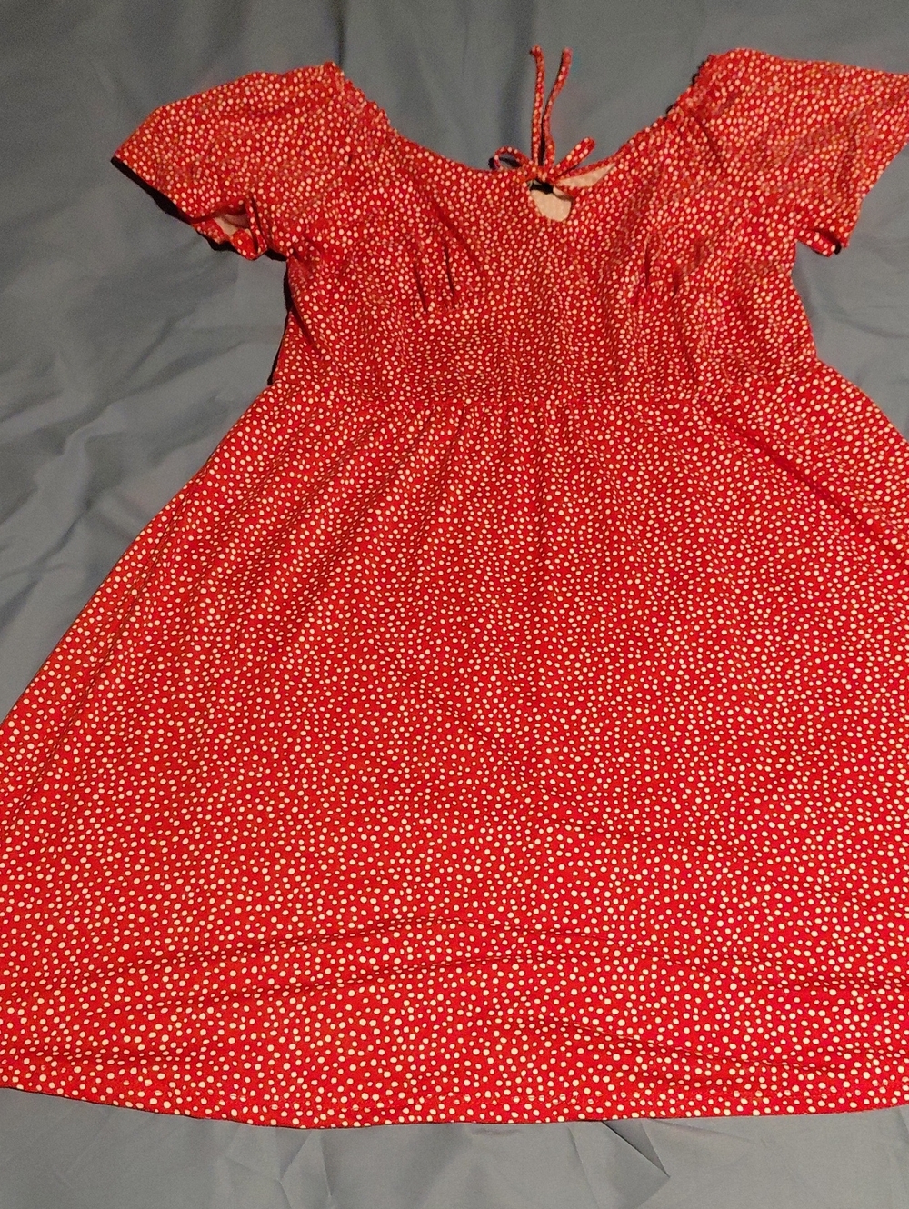 Red Polka Dot Smocked Midi Dress with Short Sleeves